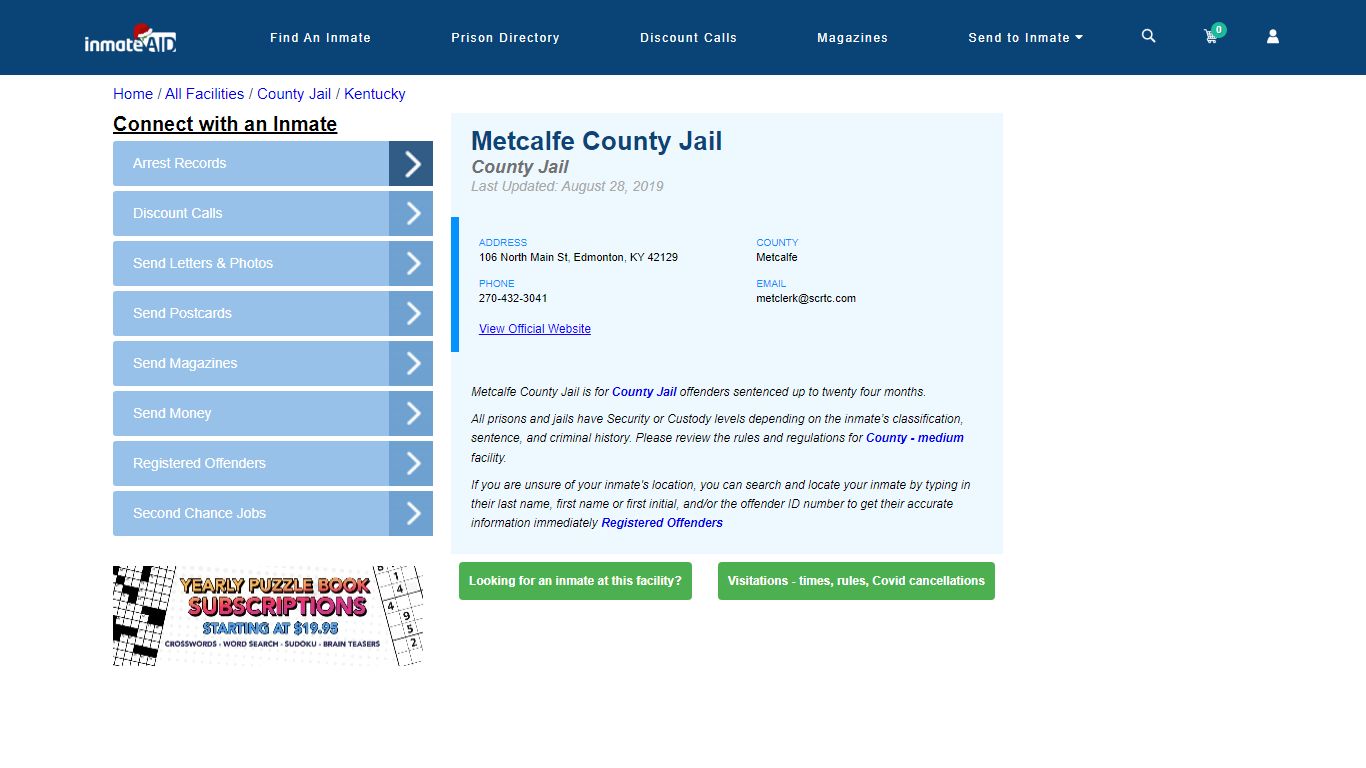 Metcalfe County Jail - Inmate Locator - Edmonton, KY